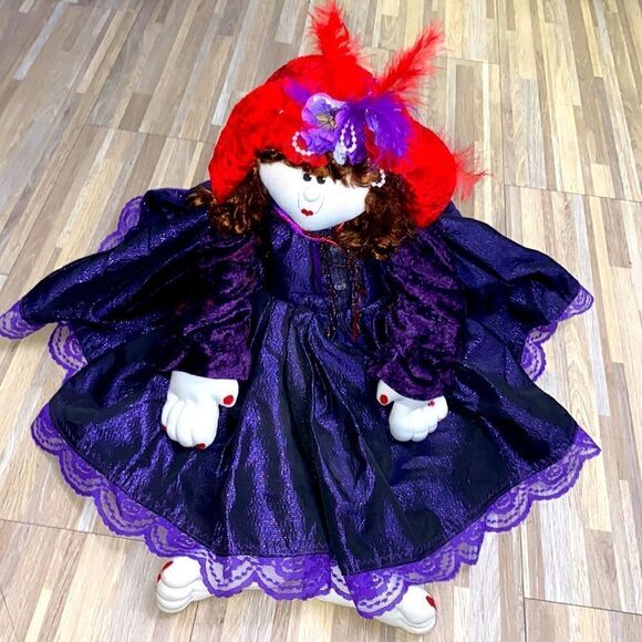 Red Hat Society Doll purple dress red fancy hat with feather farmhouse vintage - Picture 6 of 7